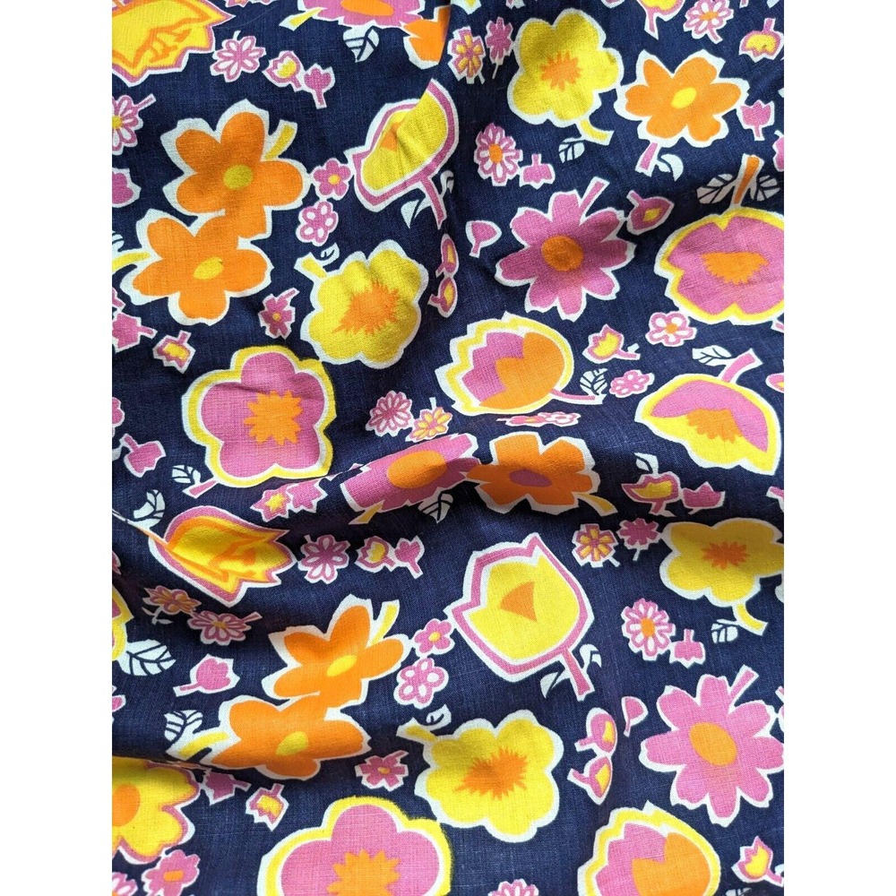Vintage 60's Fabric Mod Retro Flower‎ Power Bold Floral Print Orange Yellow Navy